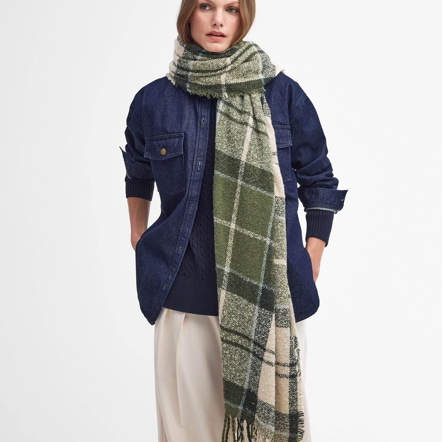 Barbour TARTAN BOUCLE Scarf Womens Ancient Loden front view, featuring a textured appearance and tasselled hem.