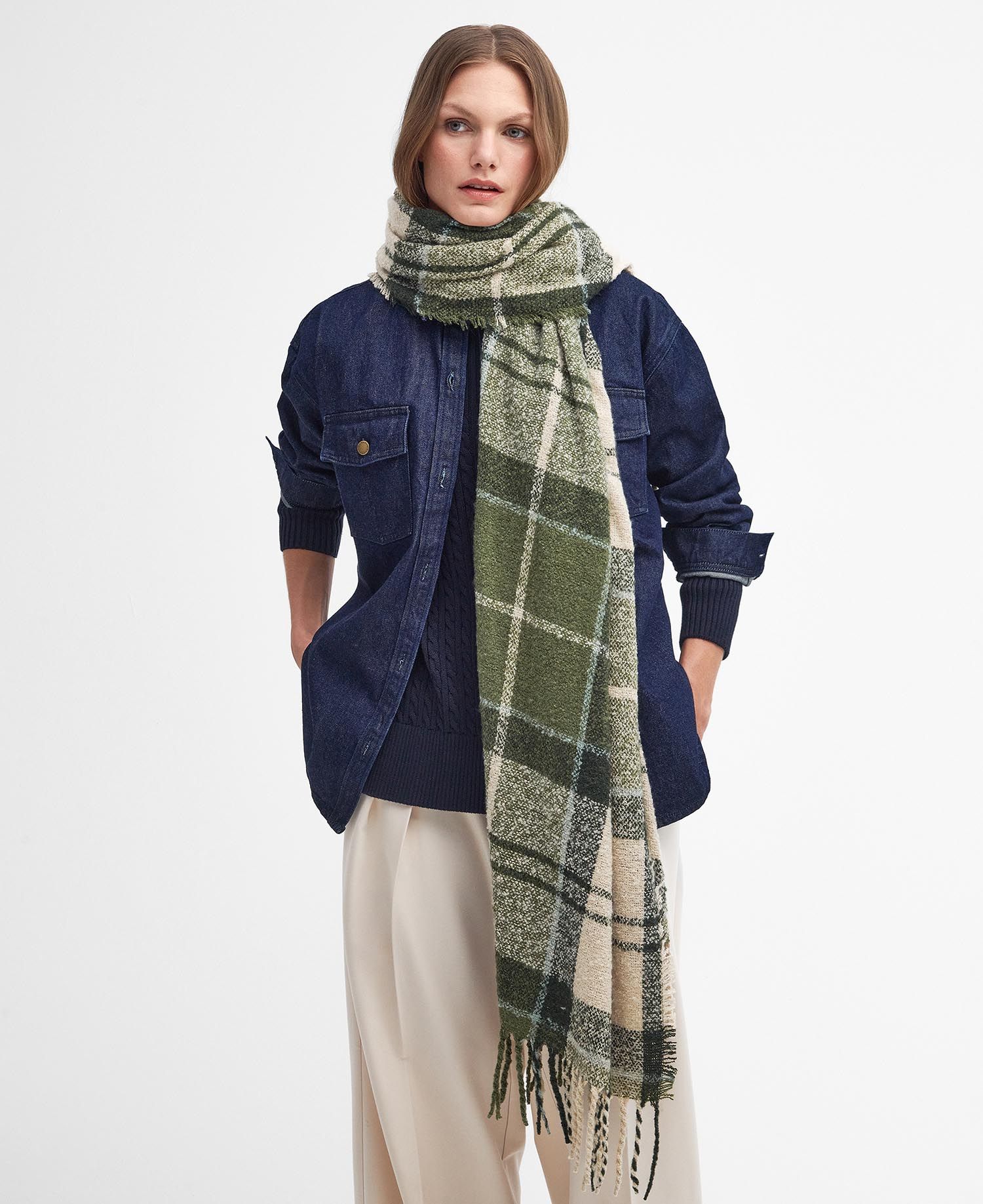 Barbour TARTAN BOUCLE Scarf Womens Ancient Loden front view, featuring a textured appearance and tasselled hem.