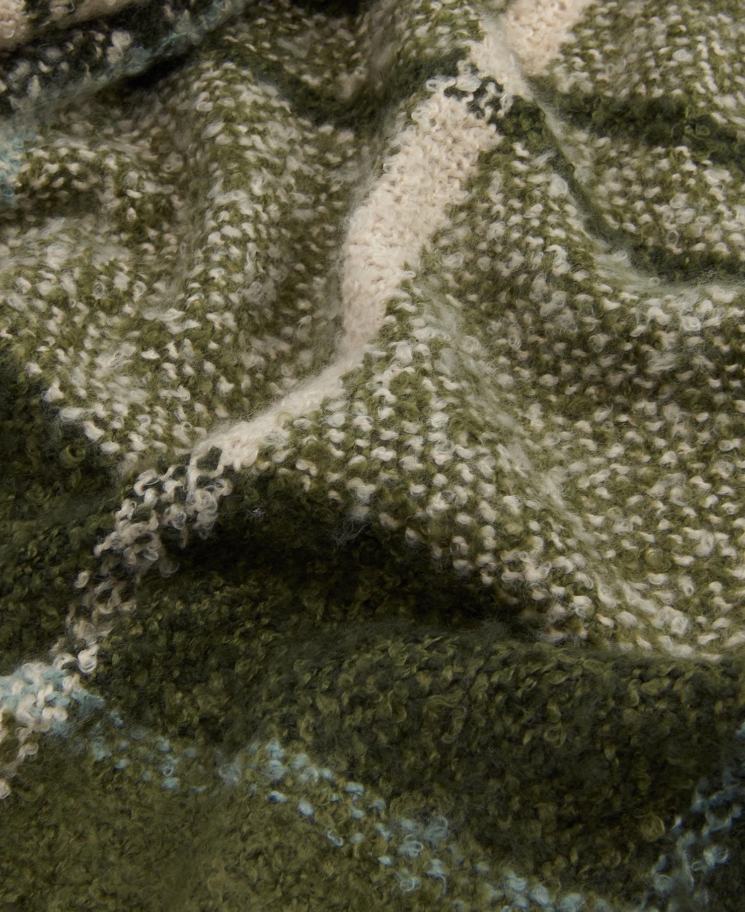 Barbour TARTAN BOUCLE Scarf Womens Ancient Loden detail view highlighting textured boucle yarn and rich colors.