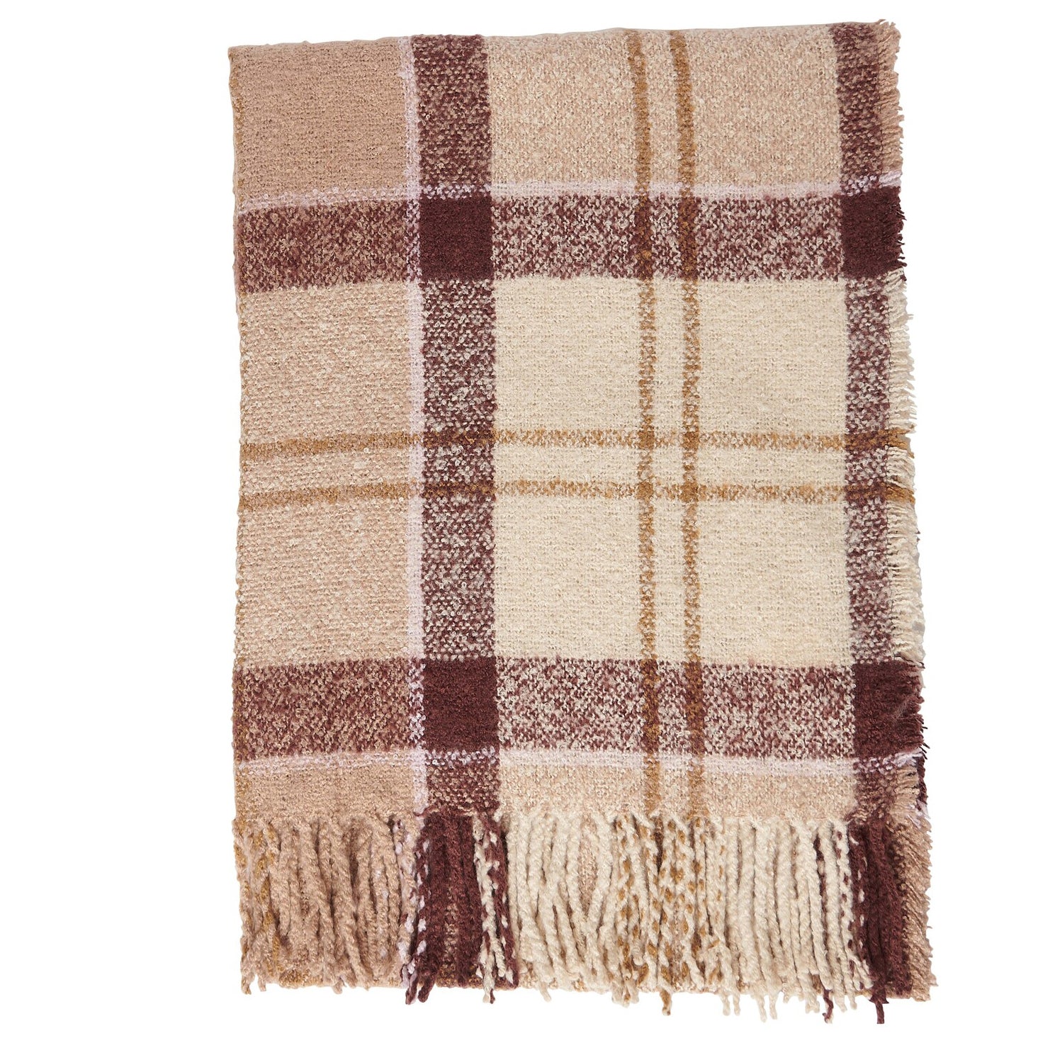 Barbour TARTAN BOUCLE Scarf Womens Muted Cabernet front view showcasing the textured boucle yarn and tasselled hem.