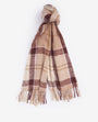 Barbour TARTAN BOUCLE Scarf Womens Muted Cabernet, front view showcasing boucle yarn and tasselled hem.