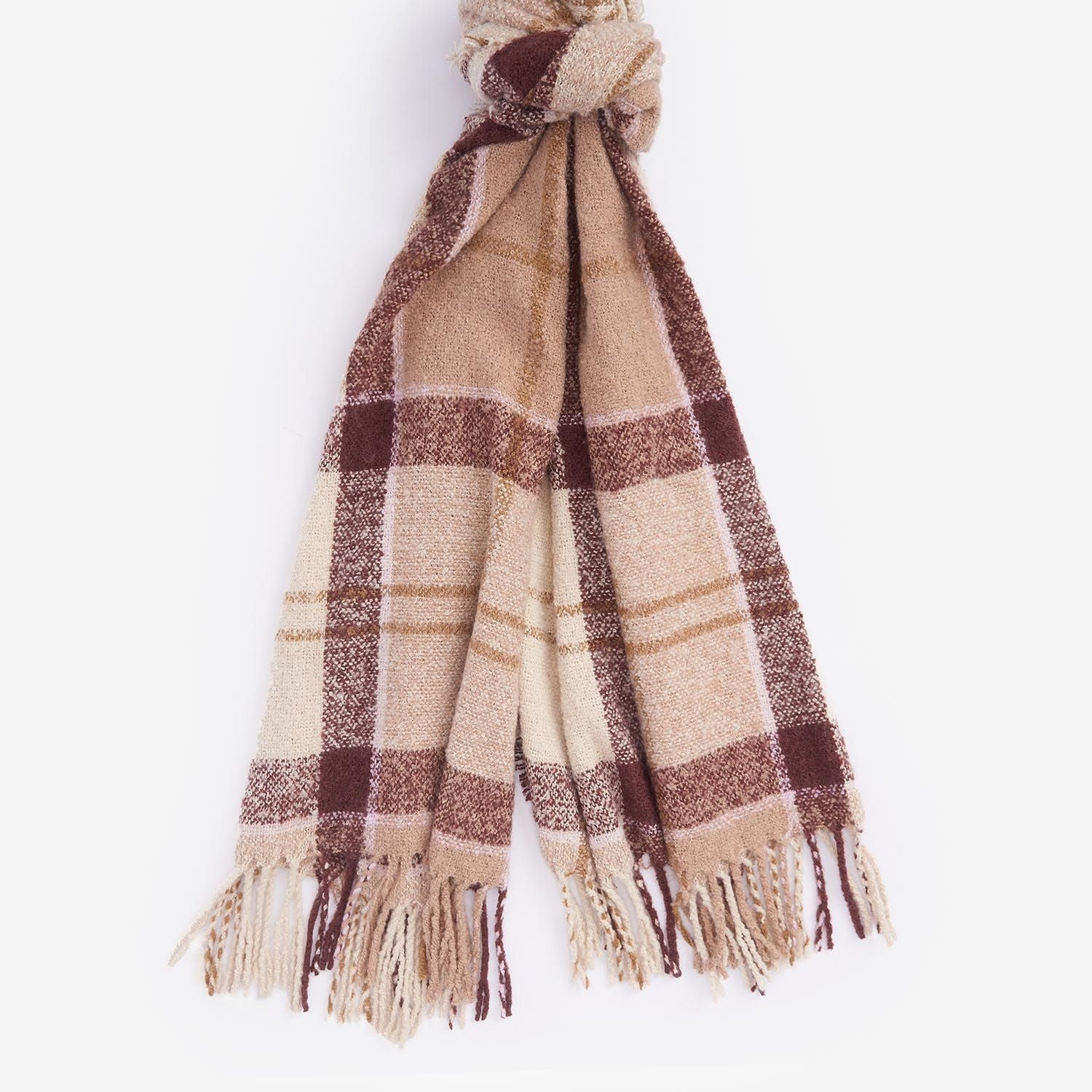 Barbour TARTAN BOUCLE Scarf Womens Muted Cabernet, front view showcasing boucle yarn and tasselled hem.