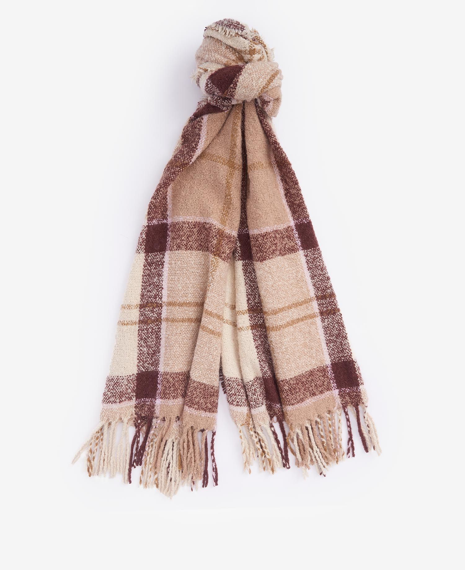 Barbour TARTAN BOUCLE Scarf Womens Muted Cabernet, front view showcasing boucle yarn and tasselled hem.