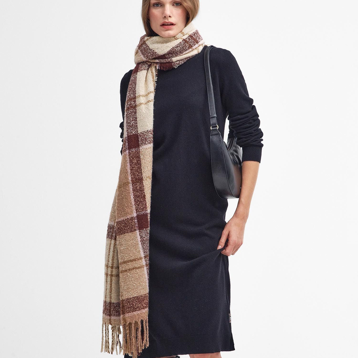 Barbour TARTAN BOUCLE Scarf Womens Muted Cabernet worn by a model, front view with a stylish dress and purse.