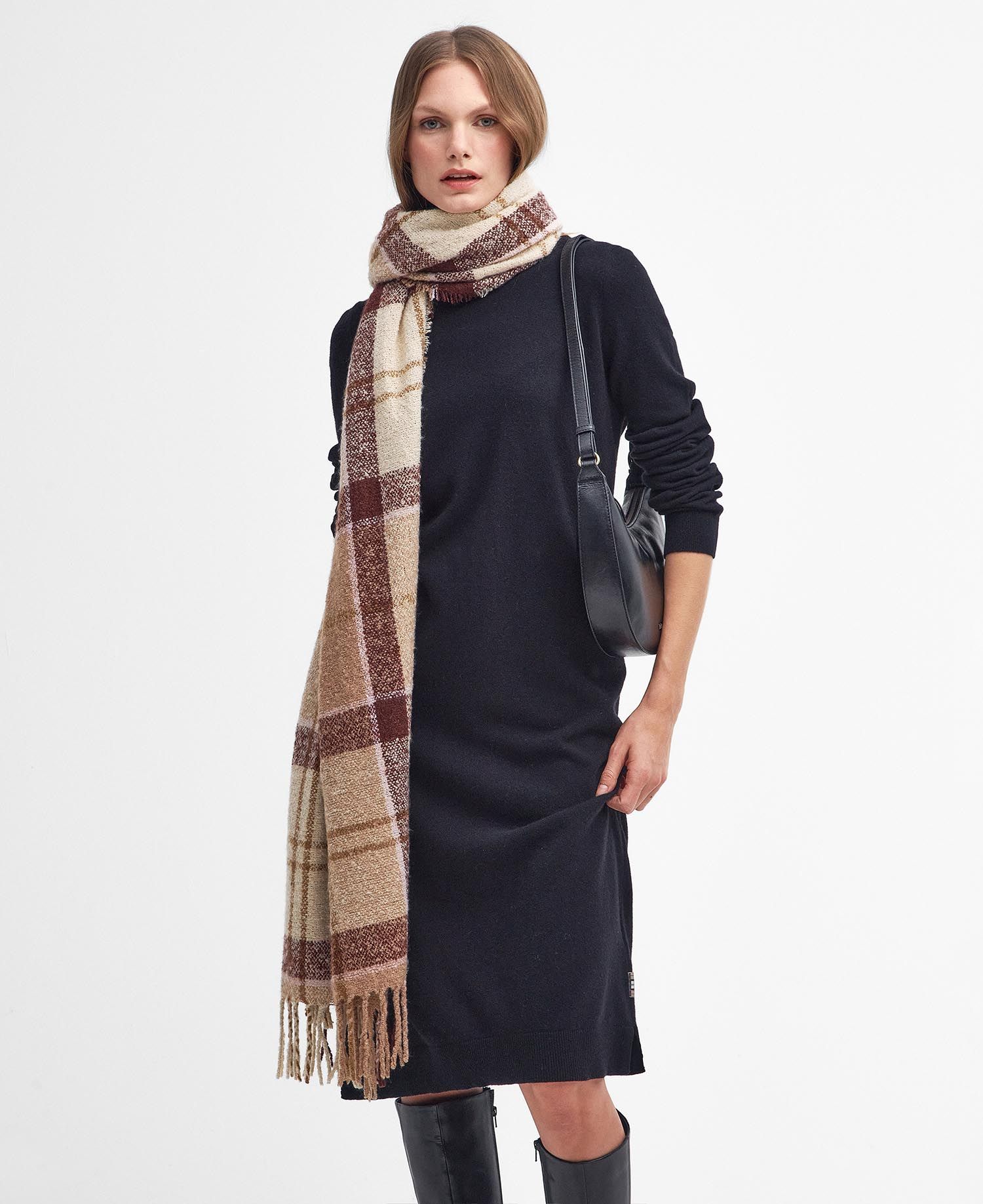 Barbour TARTAN BOUCLE Scarf Womens Muted Cabernet worn by a model, front view with a stylish dress and purse.