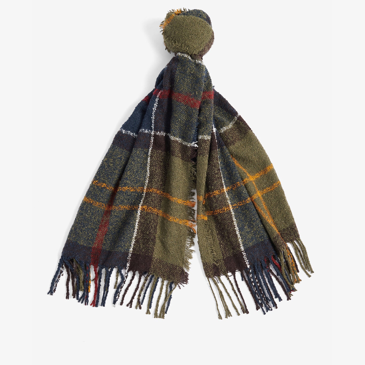 Barbour TARTAN BOUCLE Scarf Womens Classic, detail view showing texture and tasselled hem, multi-colored tartan design.