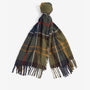 Barbour TARTAN BOUCLE Scarf Womens Classic, detail view showing texture and tasselled hem, multi-colored tartan design.