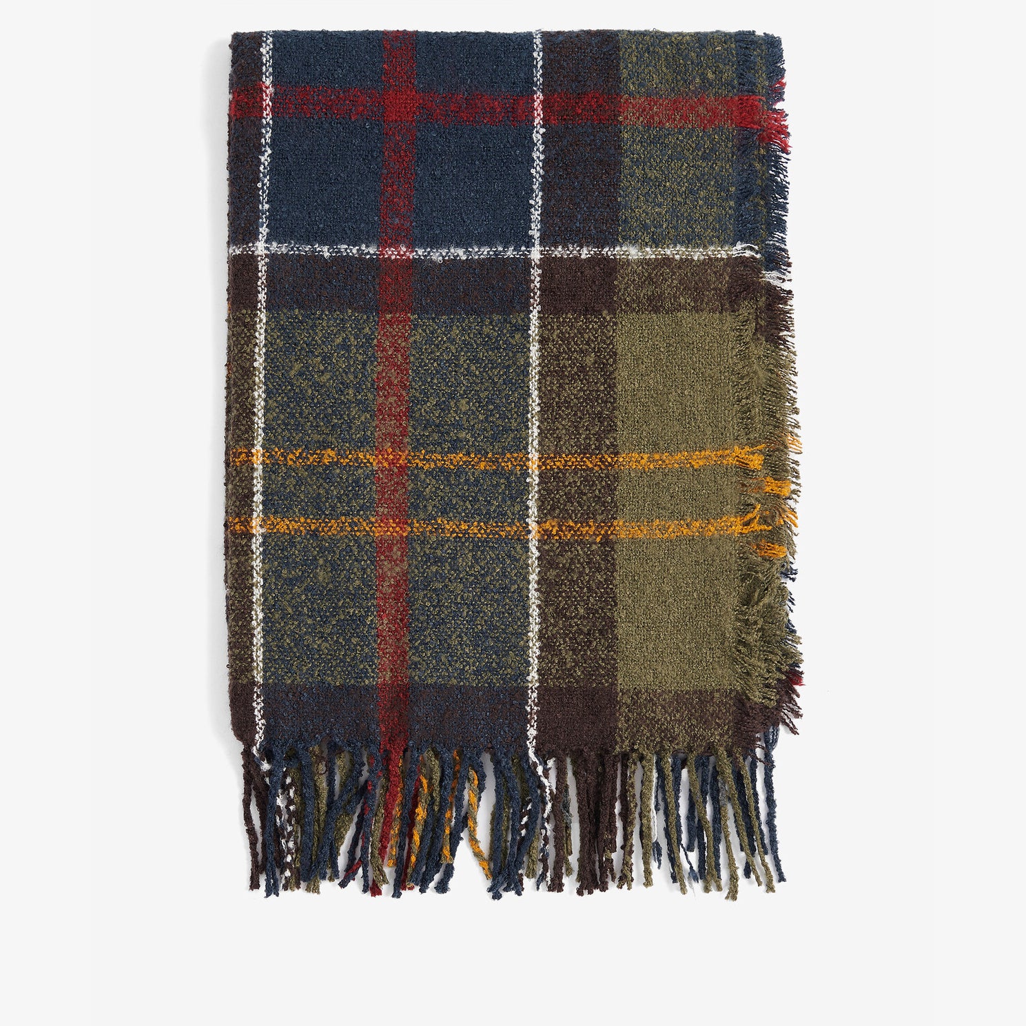 Barbour TARTAN BOUCLE Scarf Womens Classic front view showcasing woven boucle texture and tasselled hem.