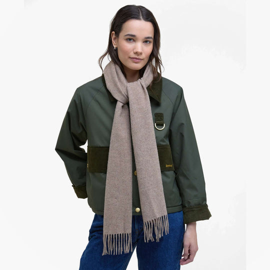 Barbour LAMBSWOOL WOVEN Womens Winter Oatmeal detail view of scarf worn with green jacket