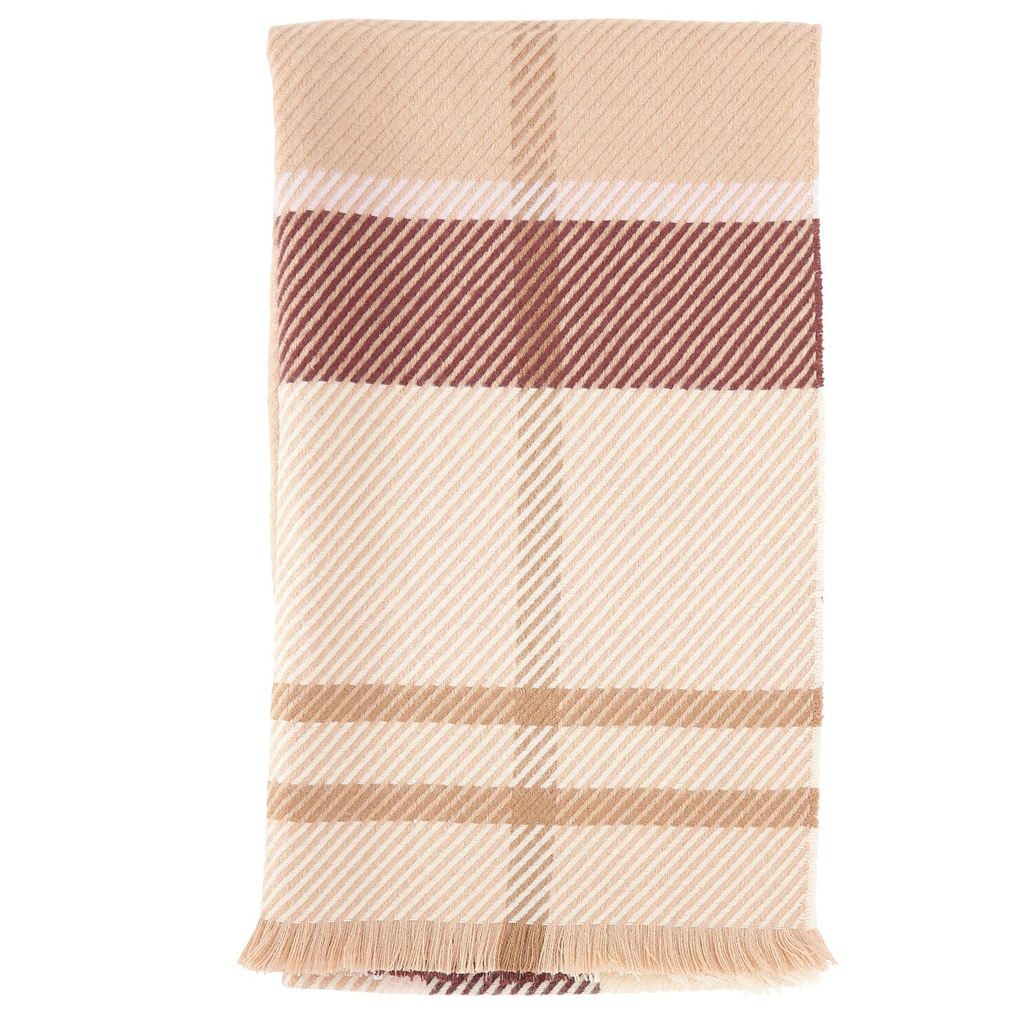 Barbour BLAIR Womens Tartan Scarf Muted Cabernet front view showcasing its all-over tartan pattern and tasselled trims.