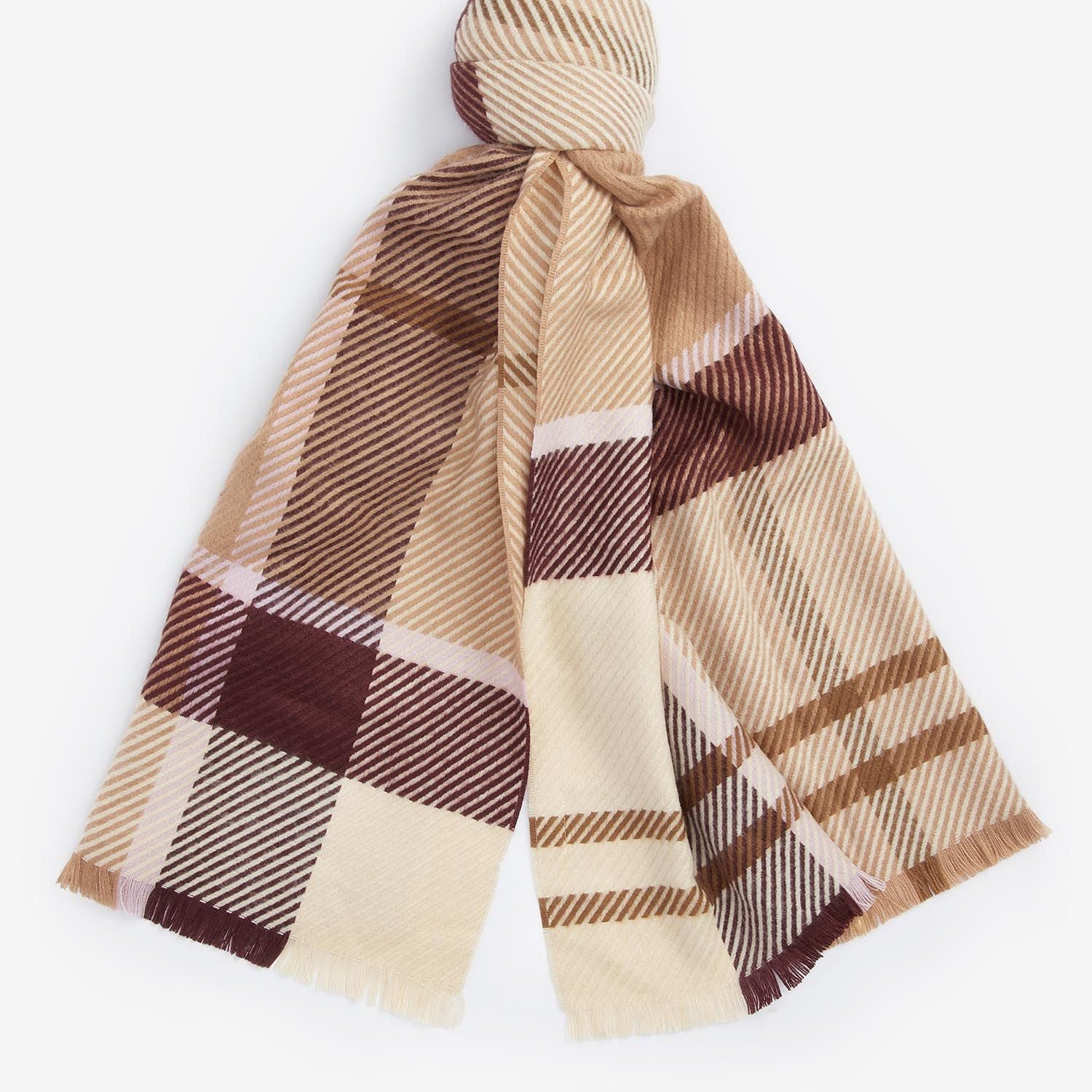 Barbour BLAIR Womens Tartan Scarf Muted Cabernet top view showcasing all-over tartan pattern and tasselled trims.