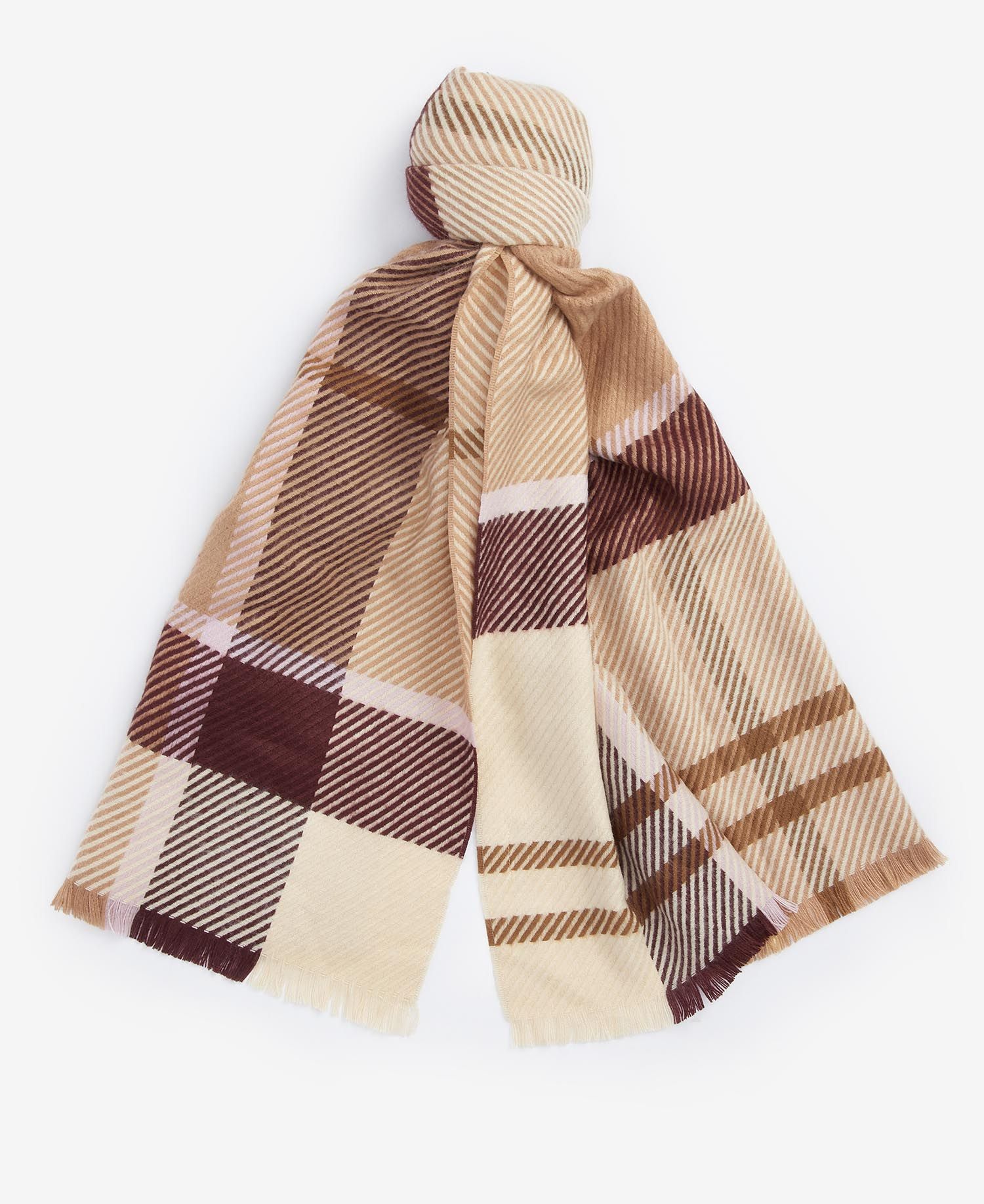 Barbour BLAIR Womens Tartan Scarf Muted Cabernet top view showcasing all-over tartan pattern and tasselled trims.