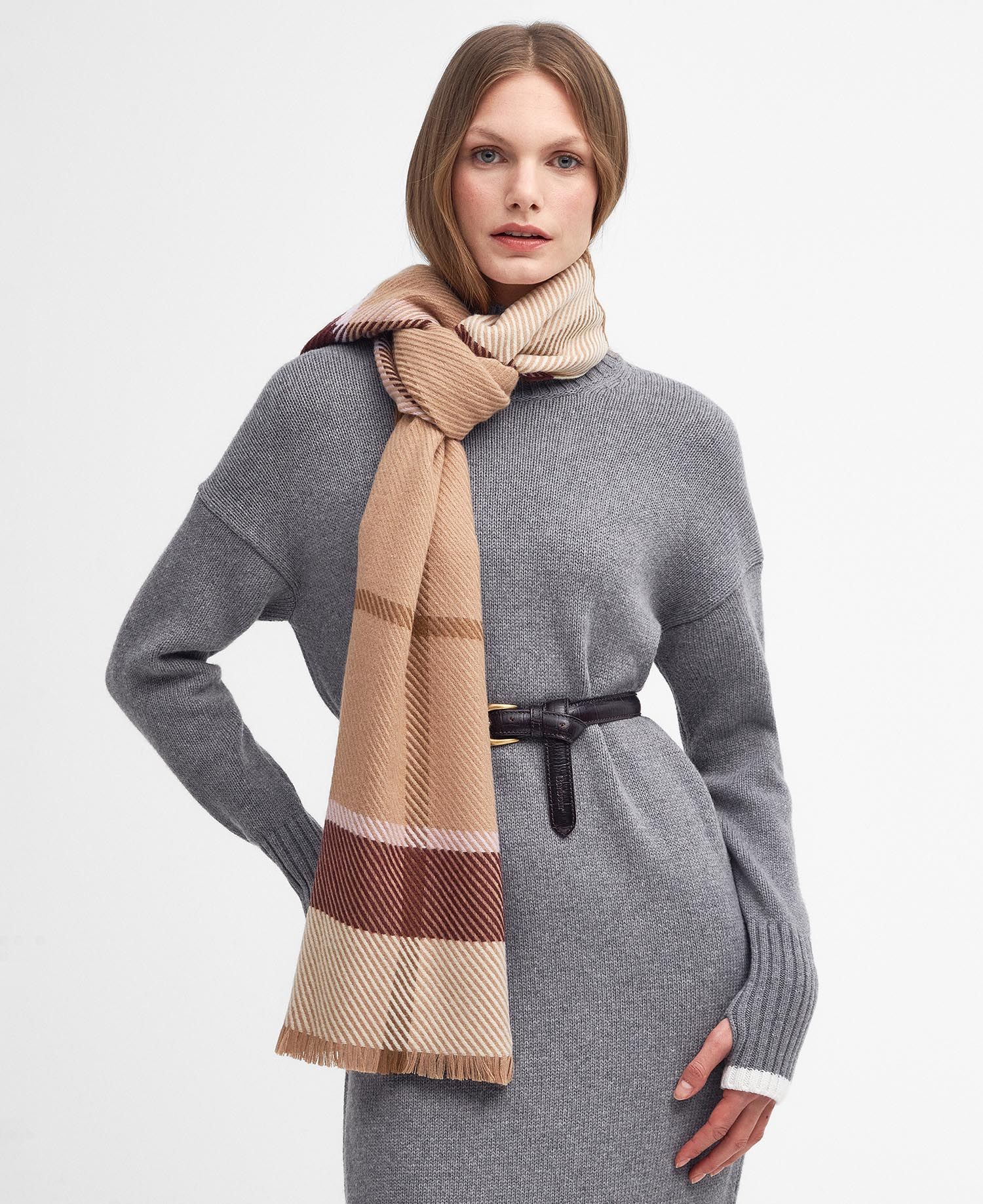 Barbour BLAIR Womens Tartan Scarf Muted Cabernet front view styled with a grey sweater, showcasing the muted cabernet color.