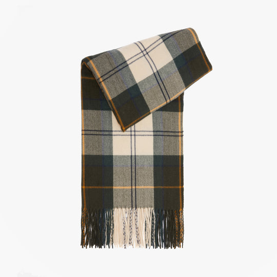 Barbour HAILESTARTAN Womens Winter Ancient Tartan front view scarf with fringe detail.