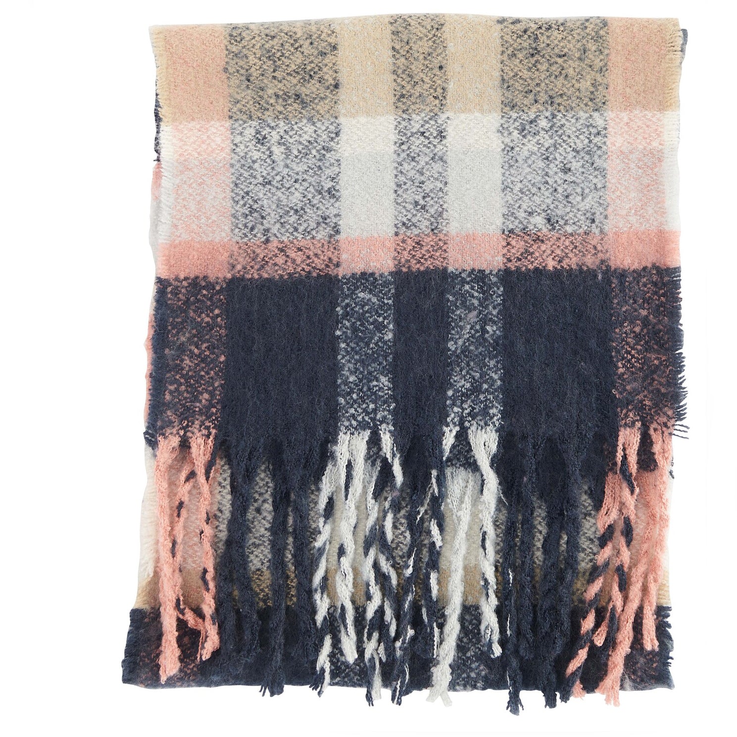 Barbour RAWSON CHECK Scarf Womens Navy/Pink Rust front view with oversized check pattern and tassels