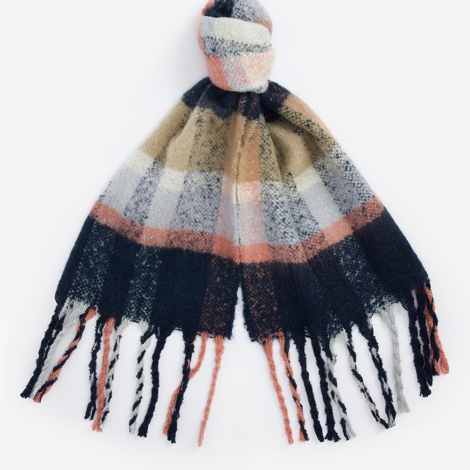 Barbour RAWSON CHECK Scarf Womens Navy/Pink Rust front view with oversized check pattern and XL tassels.