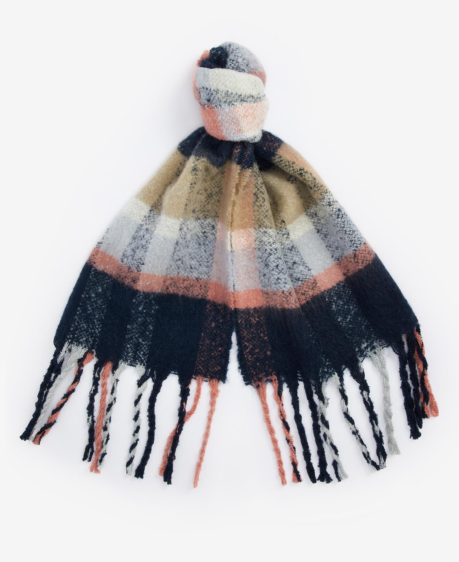 Barbour RAWSON CHECK Scarf Womens Navy/Pink Rust front view with oversized check pattern and XL tassels.