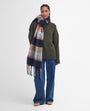 Barbour RAWSON CHECK Scarf Womens Navy/Pink Rust front view on model, oversized check pattern with XL tassels.