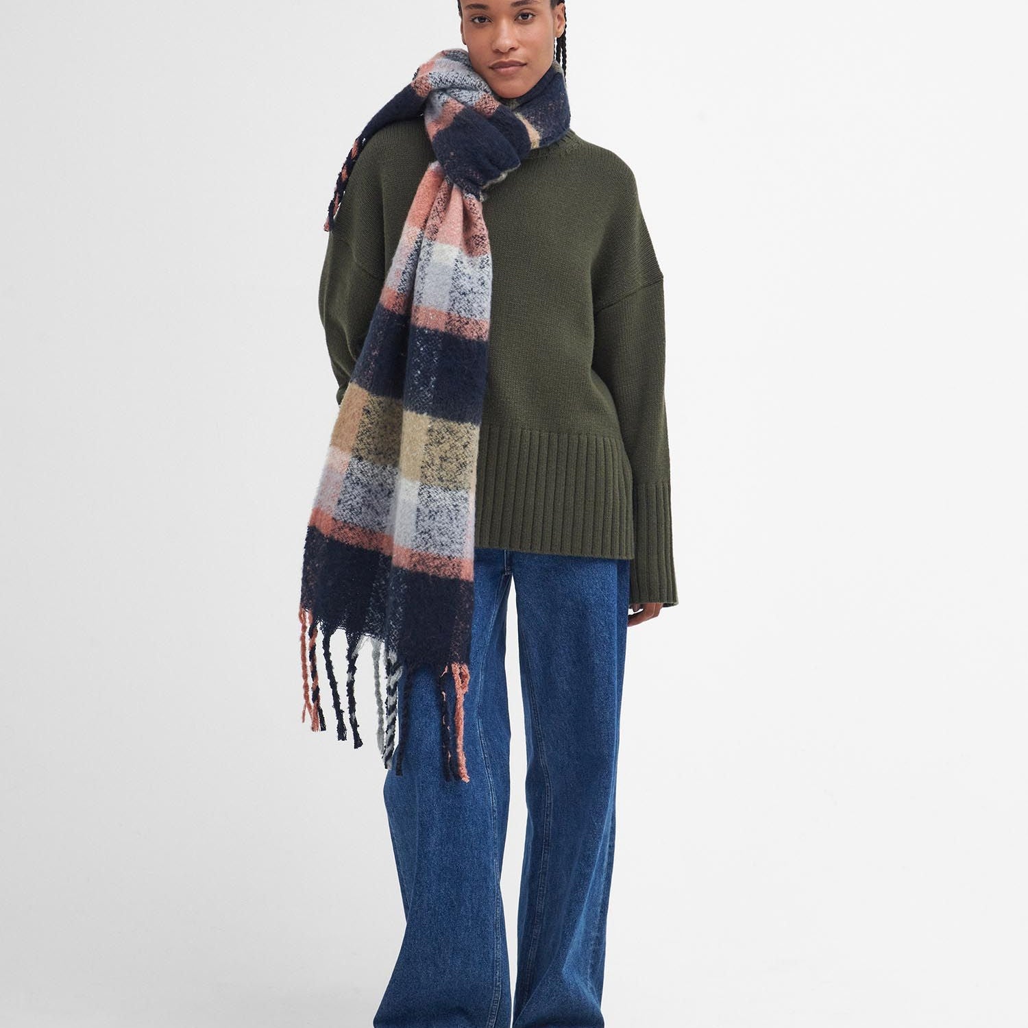 Barbour RAWSON CHECK Scarf Womens Navy/Pink Rust front view on model, oversized check pattern with XL tassels.