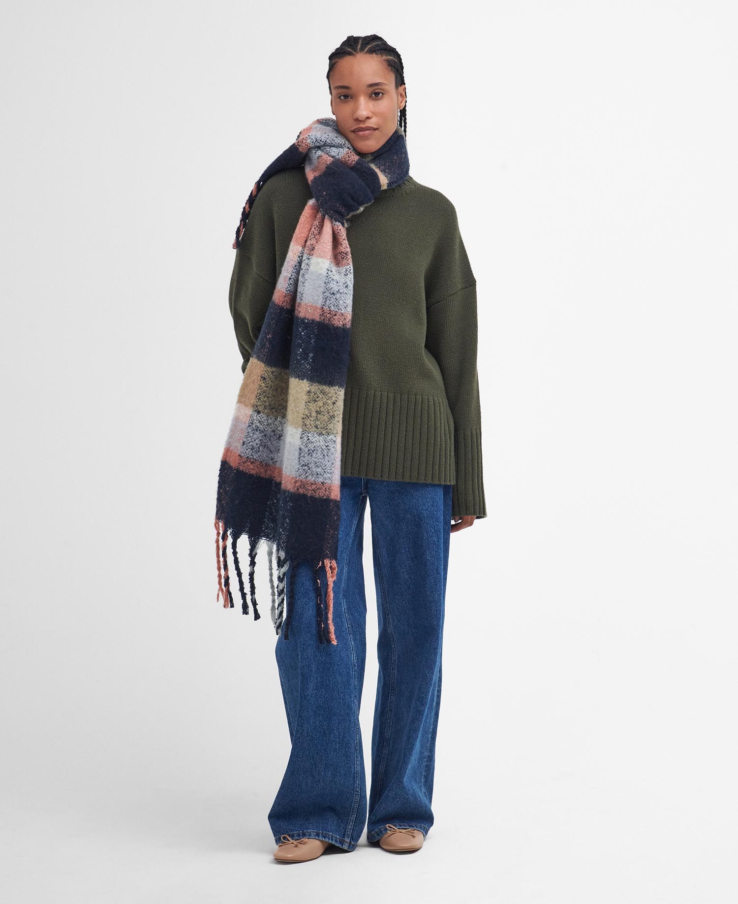 Barbour RAWSON CHECK Scarf Womens Navy/Pink Rust front view on model, oversized check pattern with XL tassels.