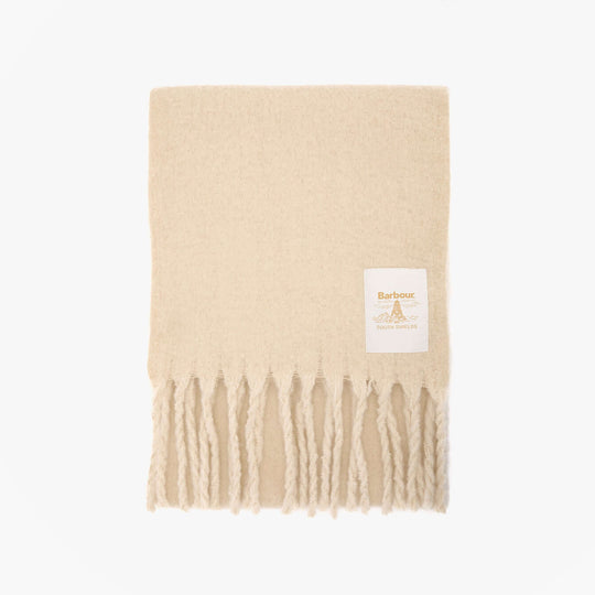 Barbour ELLISON Womens Winter Oatmeal detail view of scarf with fringes and label.
