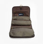 Barbour WAXED HANGING Mens Washbag Olive/Beacon front view with multiple compartments and button fastening.