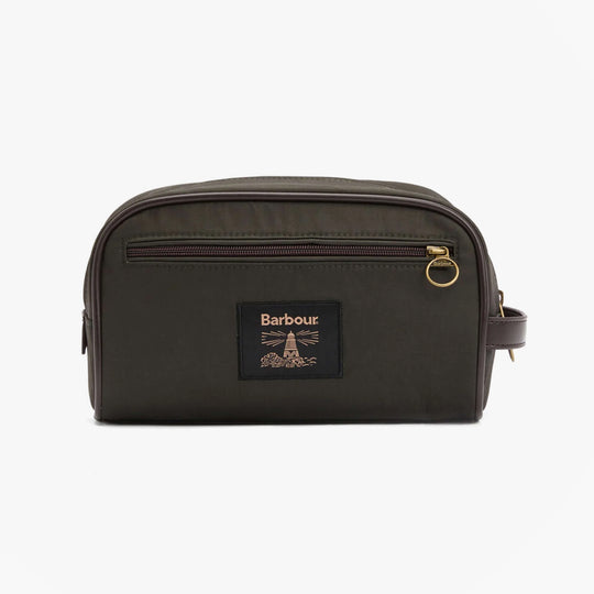 Barbour WAXED Mens Washbag Olive/Beacon front view with zip closure and logo detail
