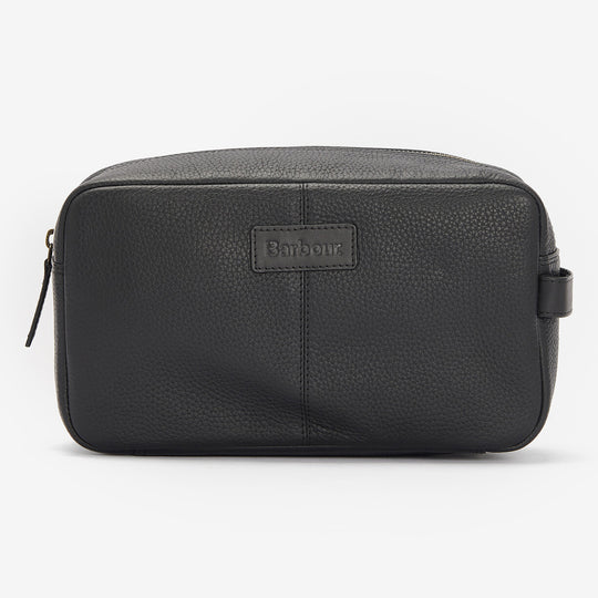 Barbour HIGHGATE LEATHER Mens Wash Bag Black front view with zip fastening and textured leather finish.