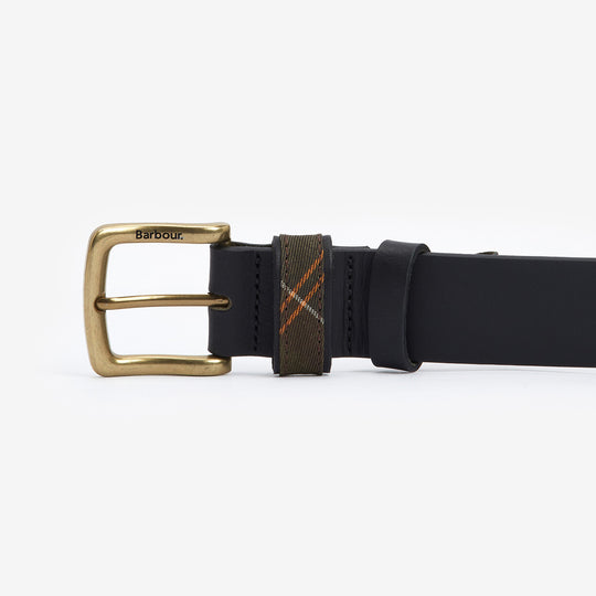 Barbour ESK Mens Leather Belt Black side view featuring engraved metal buckle and tartan print fabric detail.