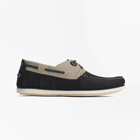Barbour WAKE Mens Boat Shoes Navy/Putty side view showing suede upper and rubber sole.