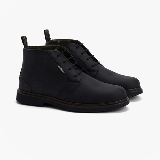Barbour MEAYS Mens Chukka Boots Black side view showcasing leather upper and lace-up design.