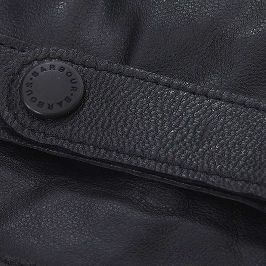 Barbour BURNISHED LEATHER THINSULATE Mens Gloves Black detail view of leather texture and button