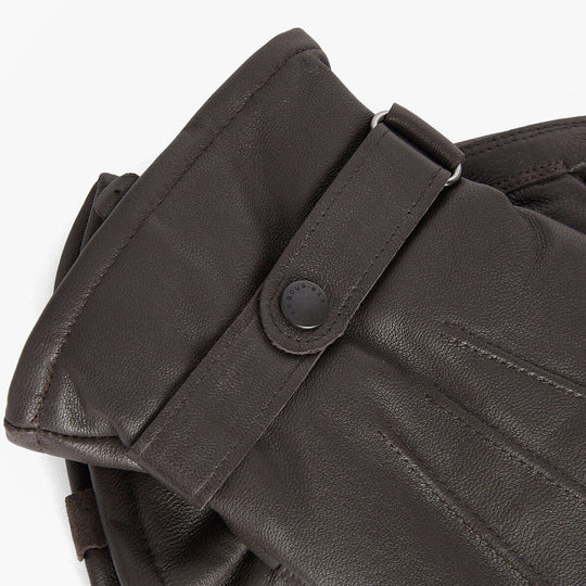 Barbour BURNISHED LEATHER THINSULATE Mens Gloves Dark Brown detail view showing leather texture and strap.