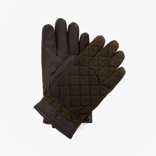 Barbour DALEGARTH Mens Gloves Olive/Brown detail view, showcasing quilted cotton and leather material.