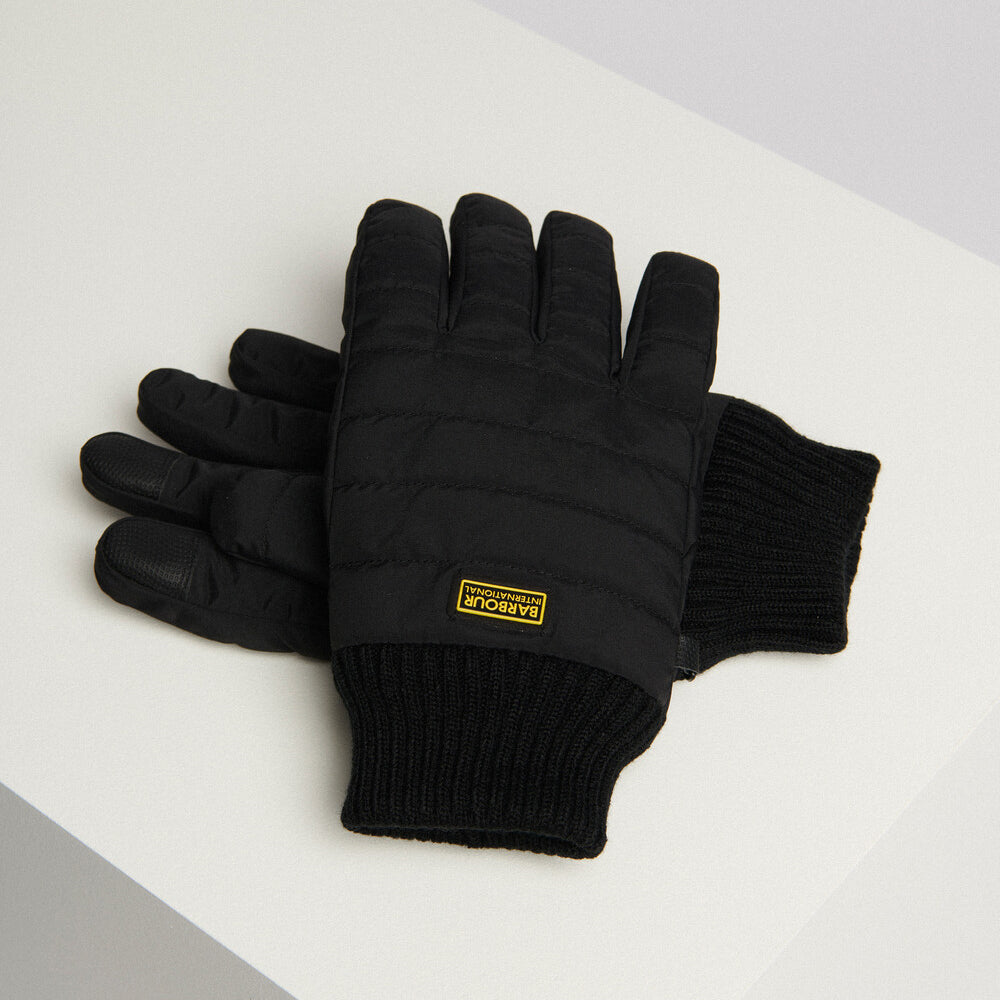 Barbour PEAK LEGACY GLOVES Mens Black front view showcasing baffle quilting and touchscreen compatible fingertips.