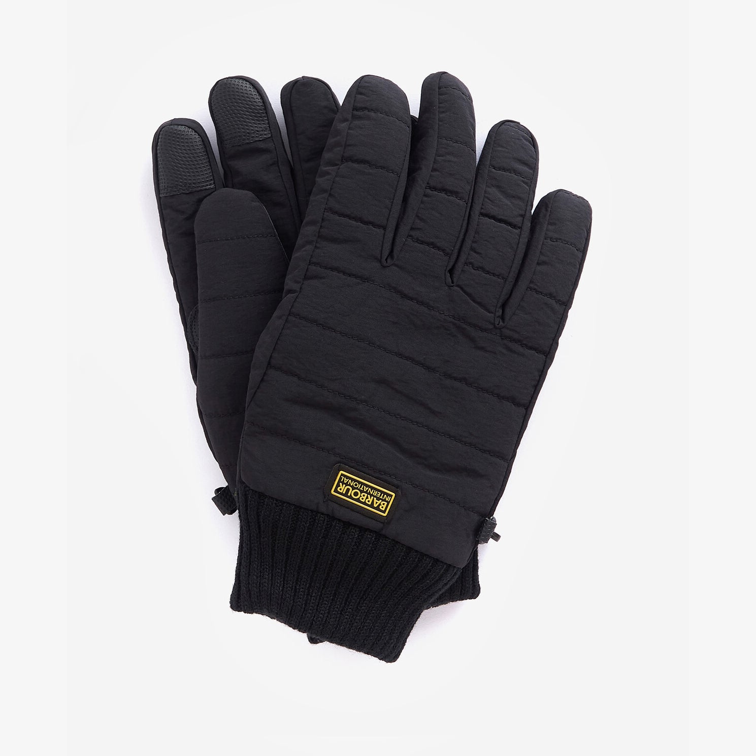 Barbour PEAK LEGACY GLOVES Mens Black top view showing baffle quilting and rib-knit trims, featuring touchscreen compatible fingertips.