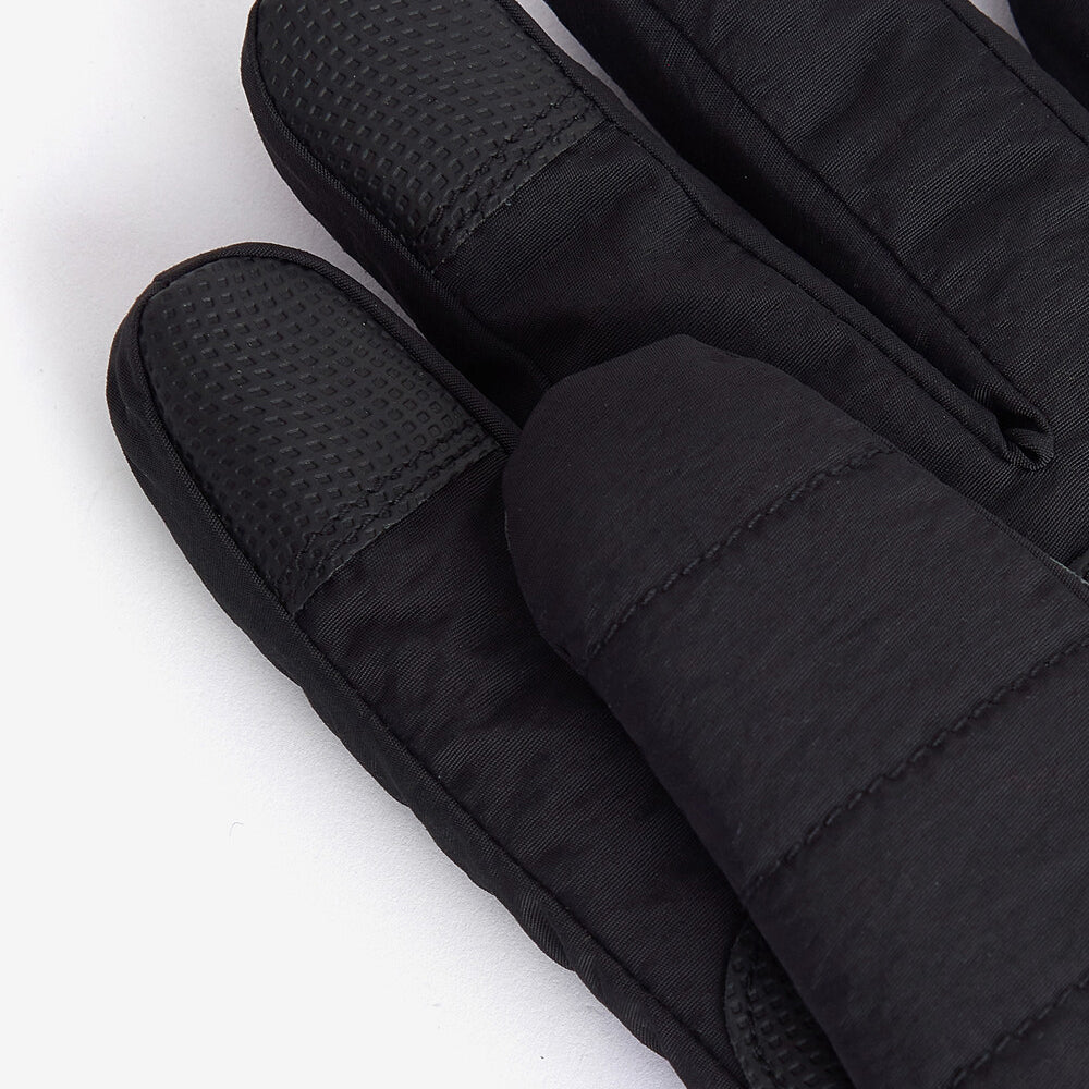 Barbour PEAK LEGACY GLOVES Mens Black detail view showing touchscreen compatible fingertips and baffle quilting features.