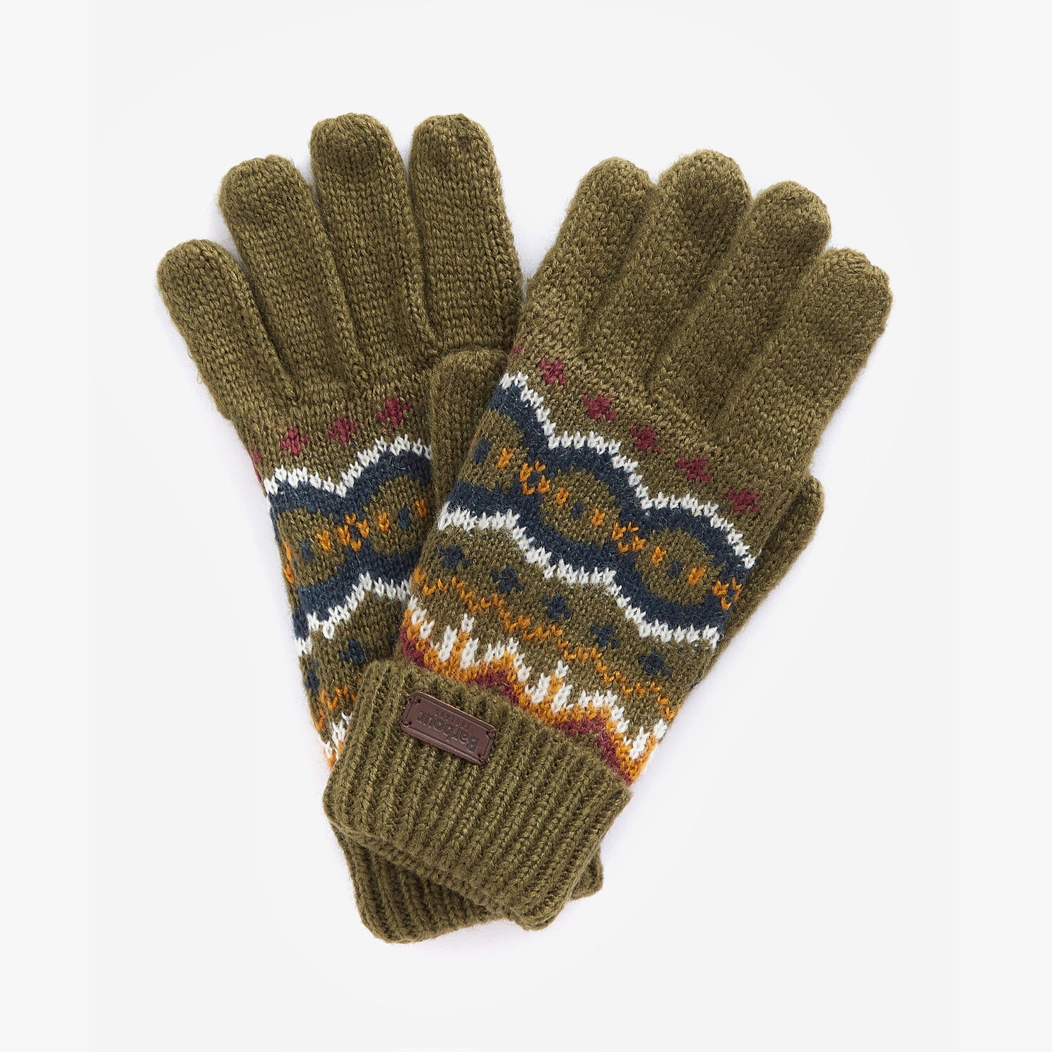 Barbour CASE FAIR ISLE GLOVES Mens Olive, front view, featuring knitted design and turnup cuffs.