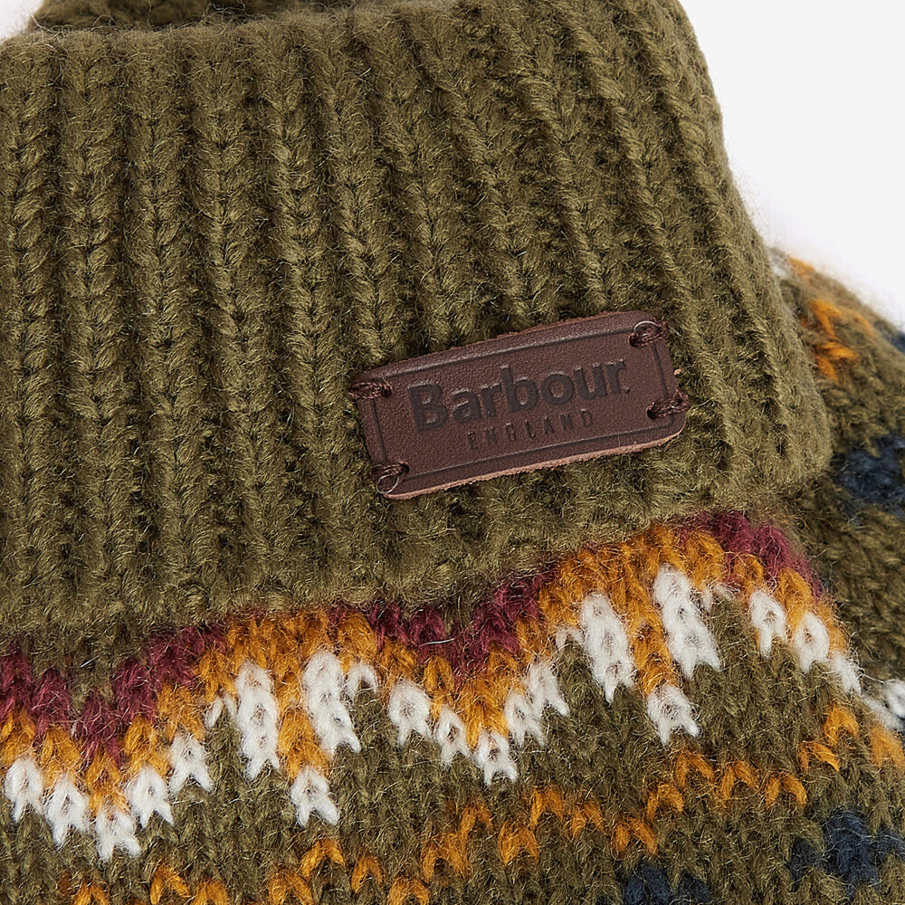 Barbour CASE FAIR ISLE GLOVES Mens Olive detail view featuring knitted design and embossed leather-look badge.