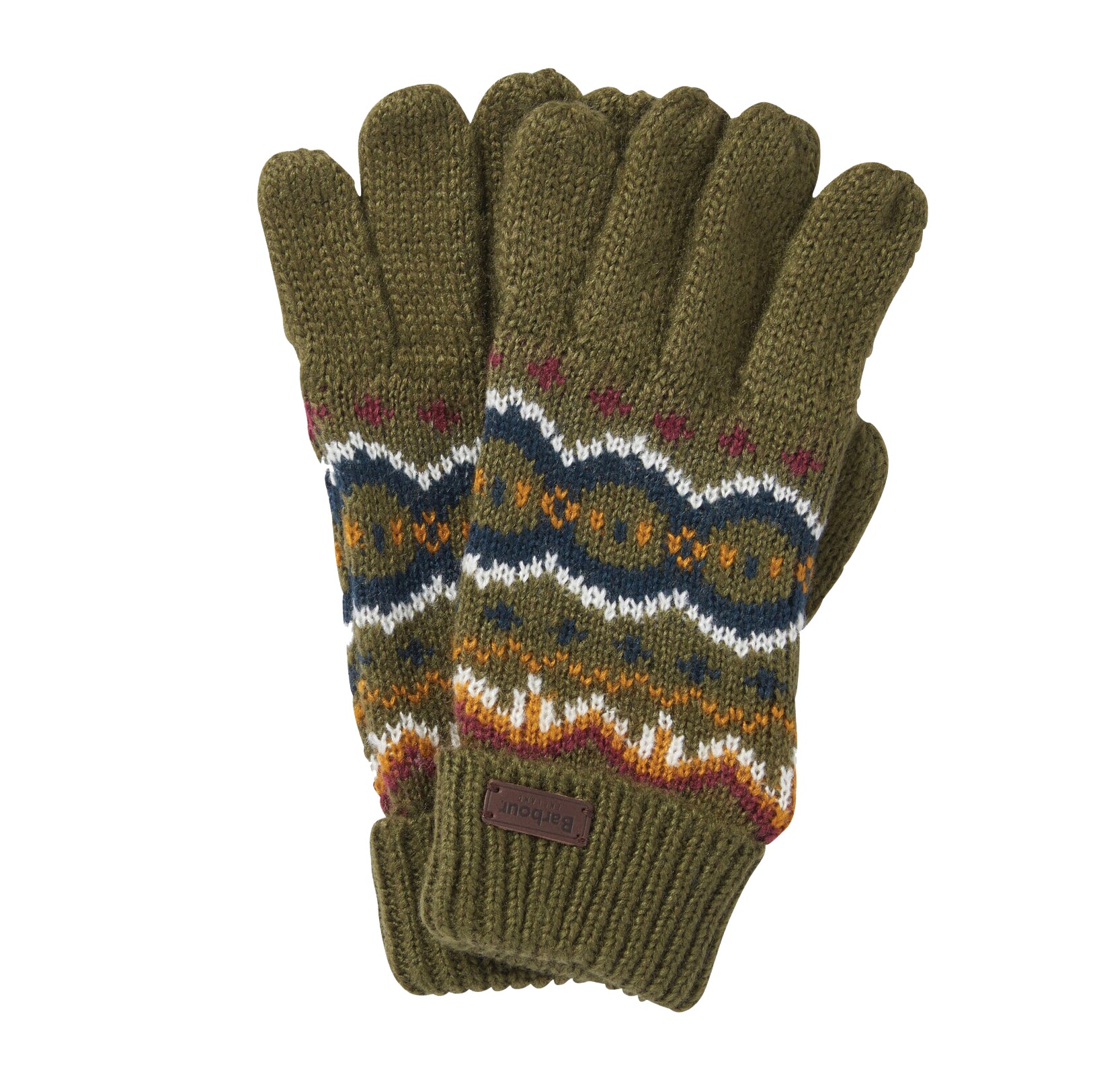 Barbour CASE FAIR ISLE GLOVES Mens Olive, top view, knitted design with turnup cuffs, embossed leather-look badge.