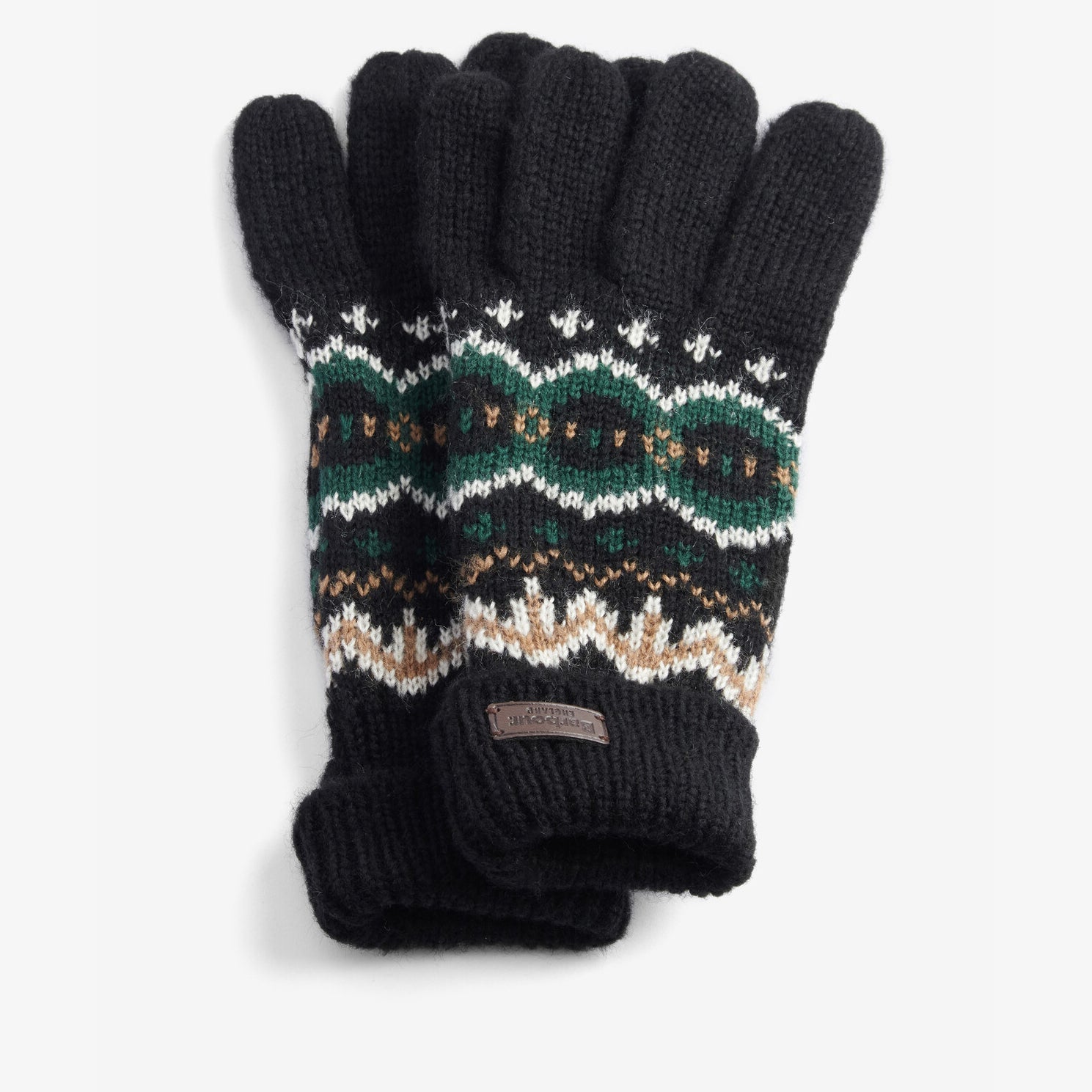 Barbour CASE FAIR ISLE GLOVES Mens Green Loch front view featuring knitted design and turnup cuffs.
