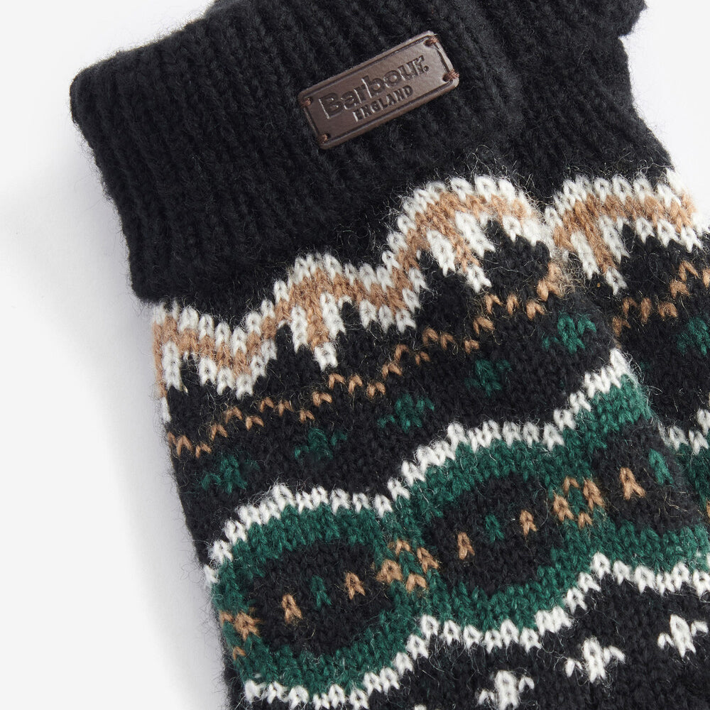 Barbour CASE FAIR ISLE GLOVES Mens Green Loch detail view showcasing knitted pattern and embossed badge.