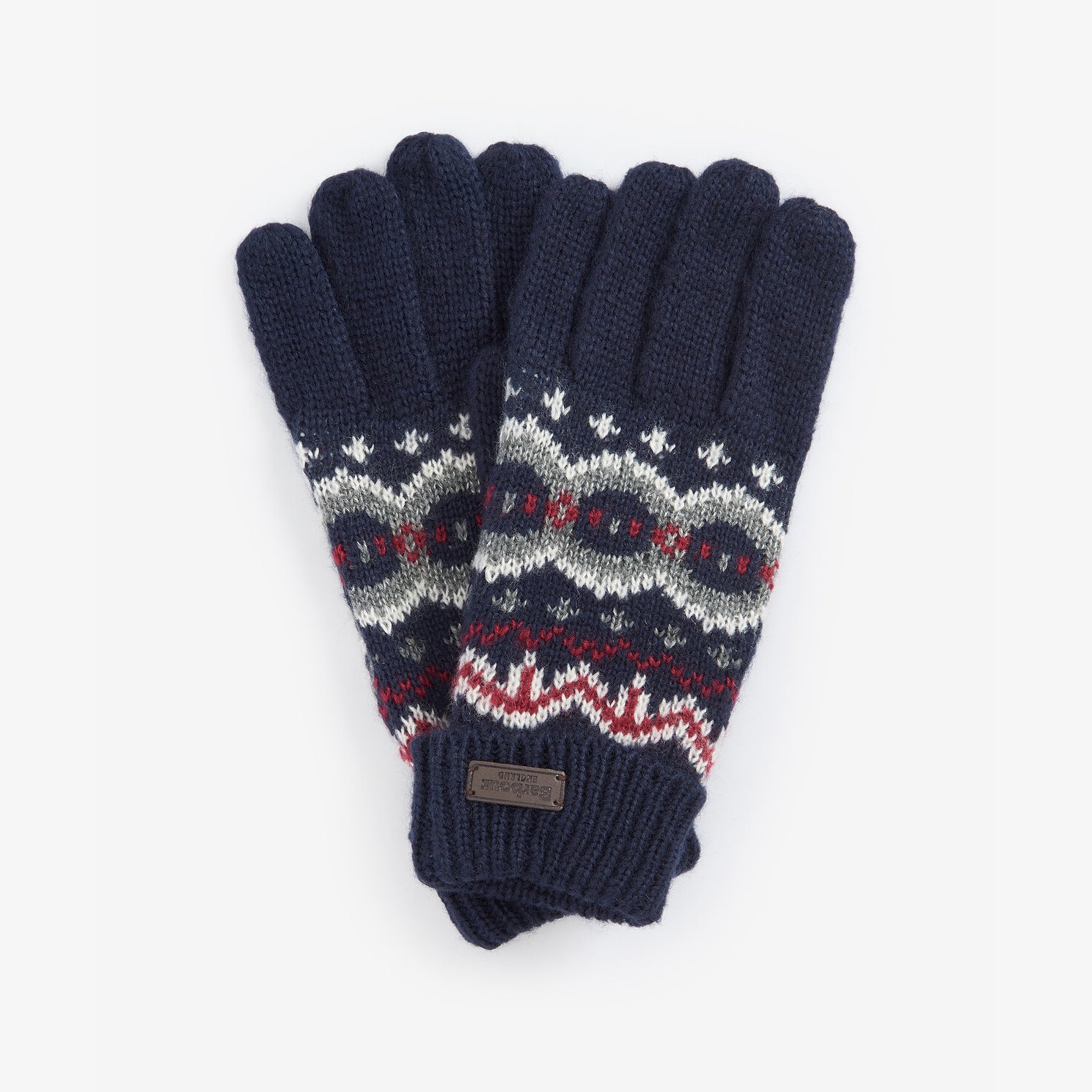 Barbour CASE FAIR ISLE GLOVES Mens Blue Granite front view showing knitted design and turnup cuffs.