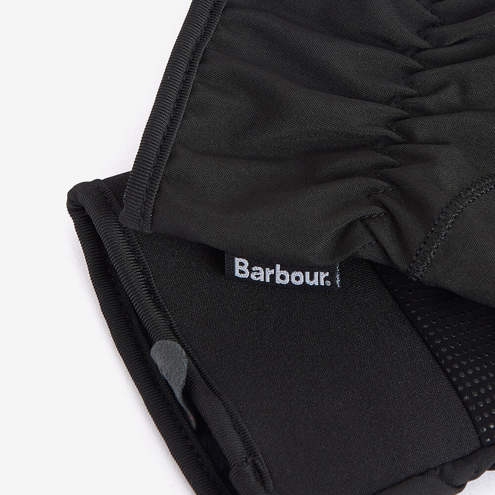 Detail view of Barbour OVERDALE WATERPROOF GLOVE Mens Black showcasing fabric and branding.