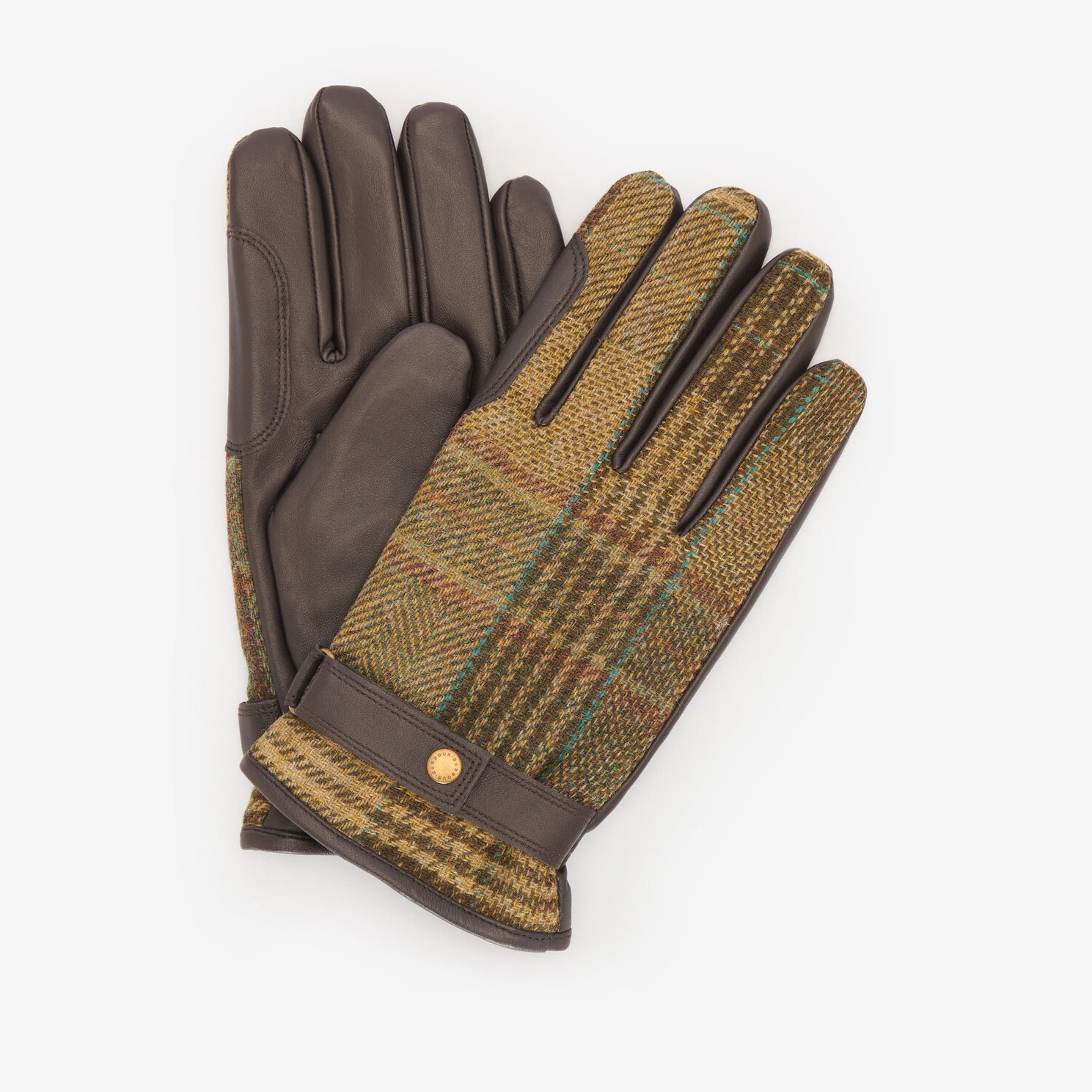 Barbour DEVERON TWEED GLOVE Mens Green Mix front view showcasing leather and wool materials with button closure.