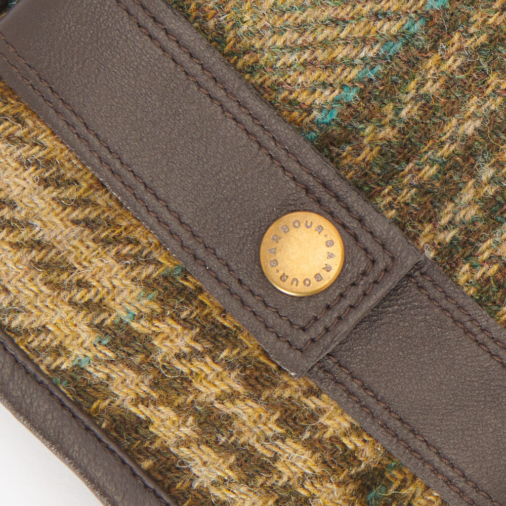 Barbour DEVERON TWEED GLOVE Mens Green Mix detail view featuring leather strap and tweed texture.