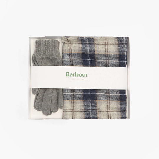 Barbour TARTAN SCARF AND GLOVE Mens Gift Set Grey Midnight in a gift box, showcasing scarf and gloves.