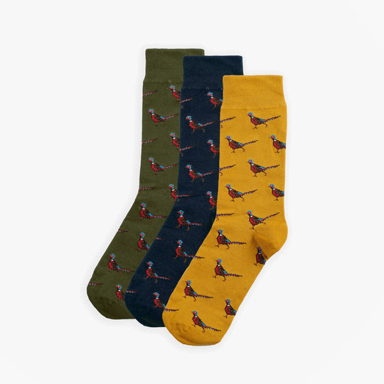 Barbour PHEASANT SOCKS Mens Gift Box Forest Mist in a detail view showing three pairs: green, blue, and yellow with pheasant designs.