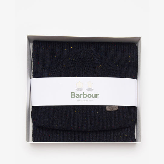 Barbour CARLTON FLECK BEANIE & SCARF Gift Set Mens Navy in premium gift box, top view of beanie and scarf.