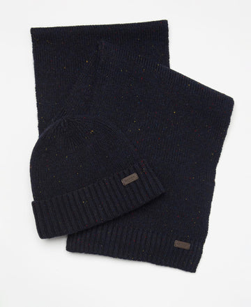 Barbour CARLTON FLECK BEANIE & SCARF Gift Set Mens Navy